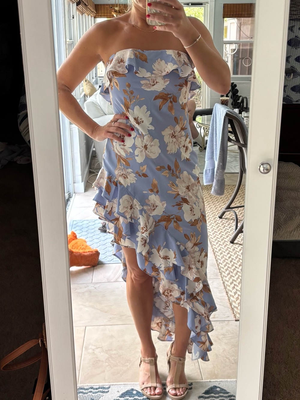 Abercrombie Strapless Floral Ruffle Asymmetrical Dress - Blue